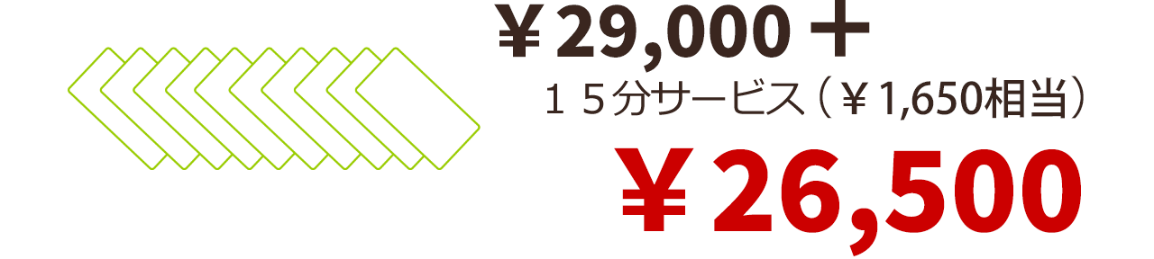 10枚つづり　\29,000のところ15分サービス(\1,650相当)がついて\26,500